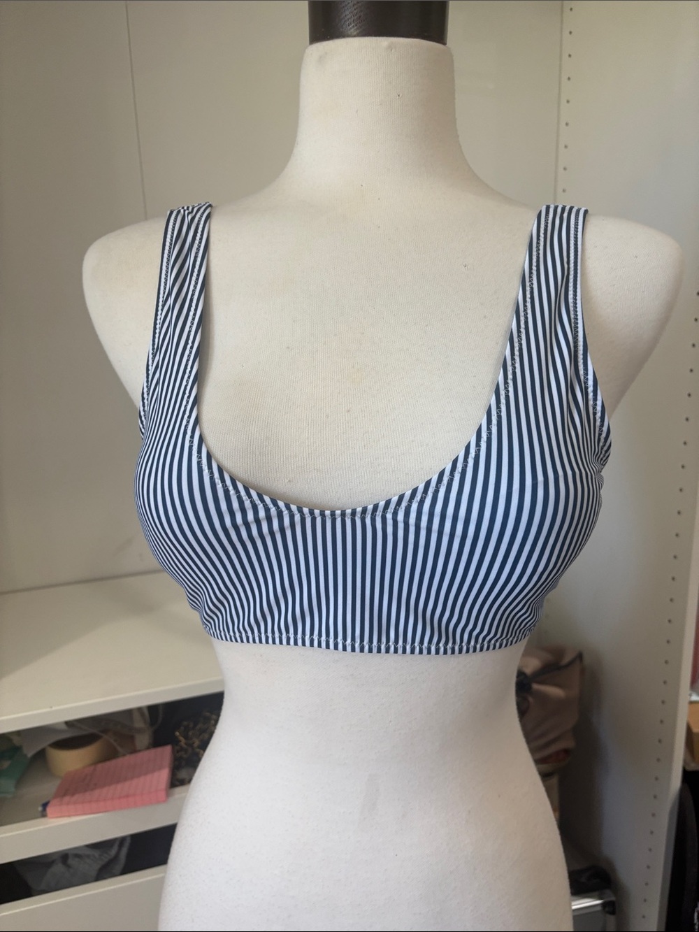 Navy and White Vertical Stripe Scoop Swim Top
